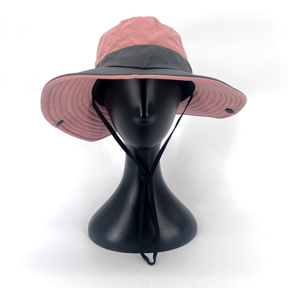 Sunshade Hat w/ Ponytail Slot Wide Brim Cinch Neck Strap Side Snaps Pink & Gray
